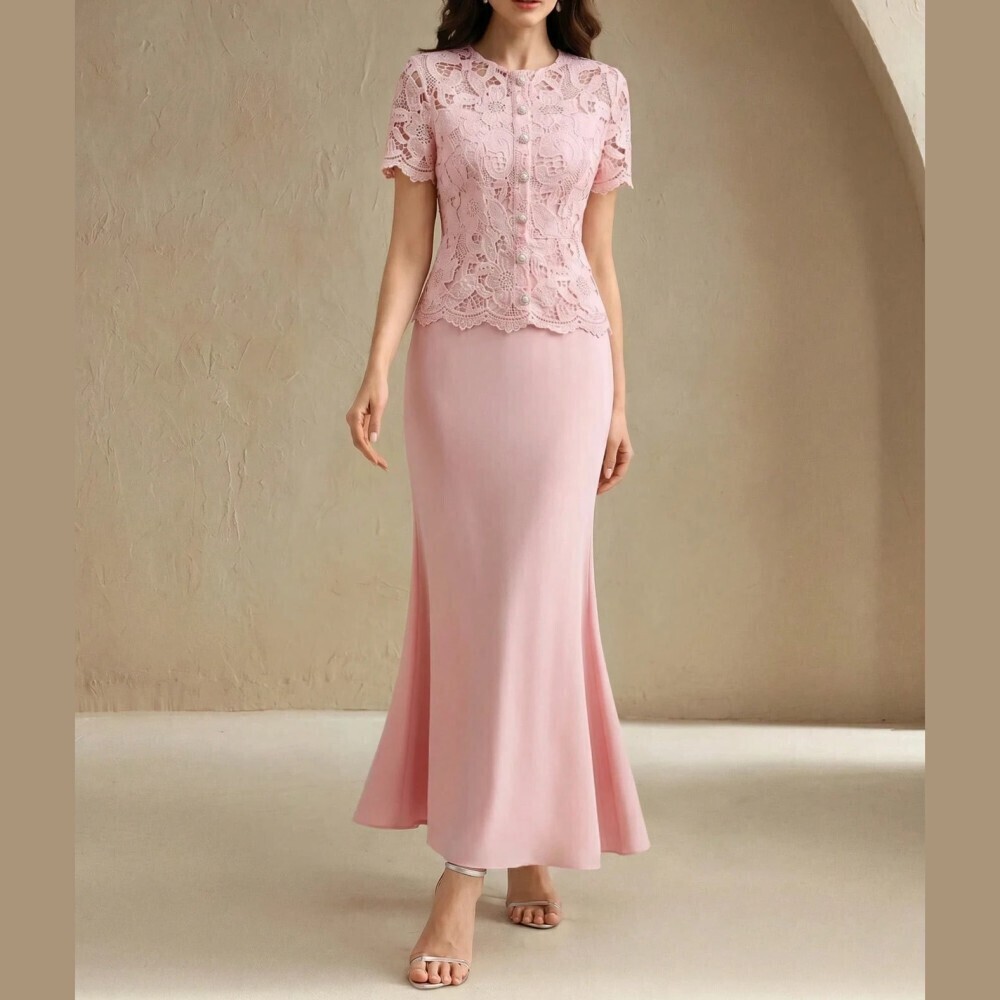 Pink Lace Crochet Overlay Button Front Mermaid Maxi Dress